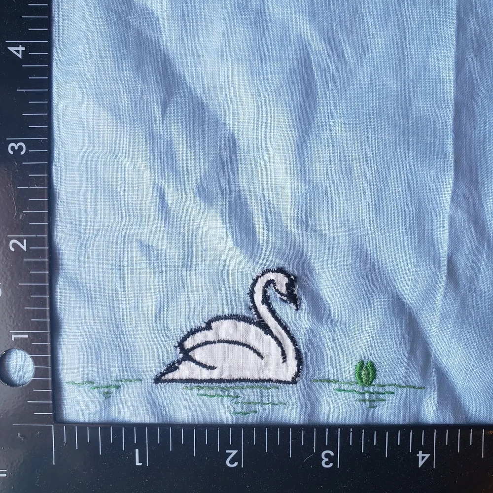 Embroidered Swan on French Blue Linen Finger Towel